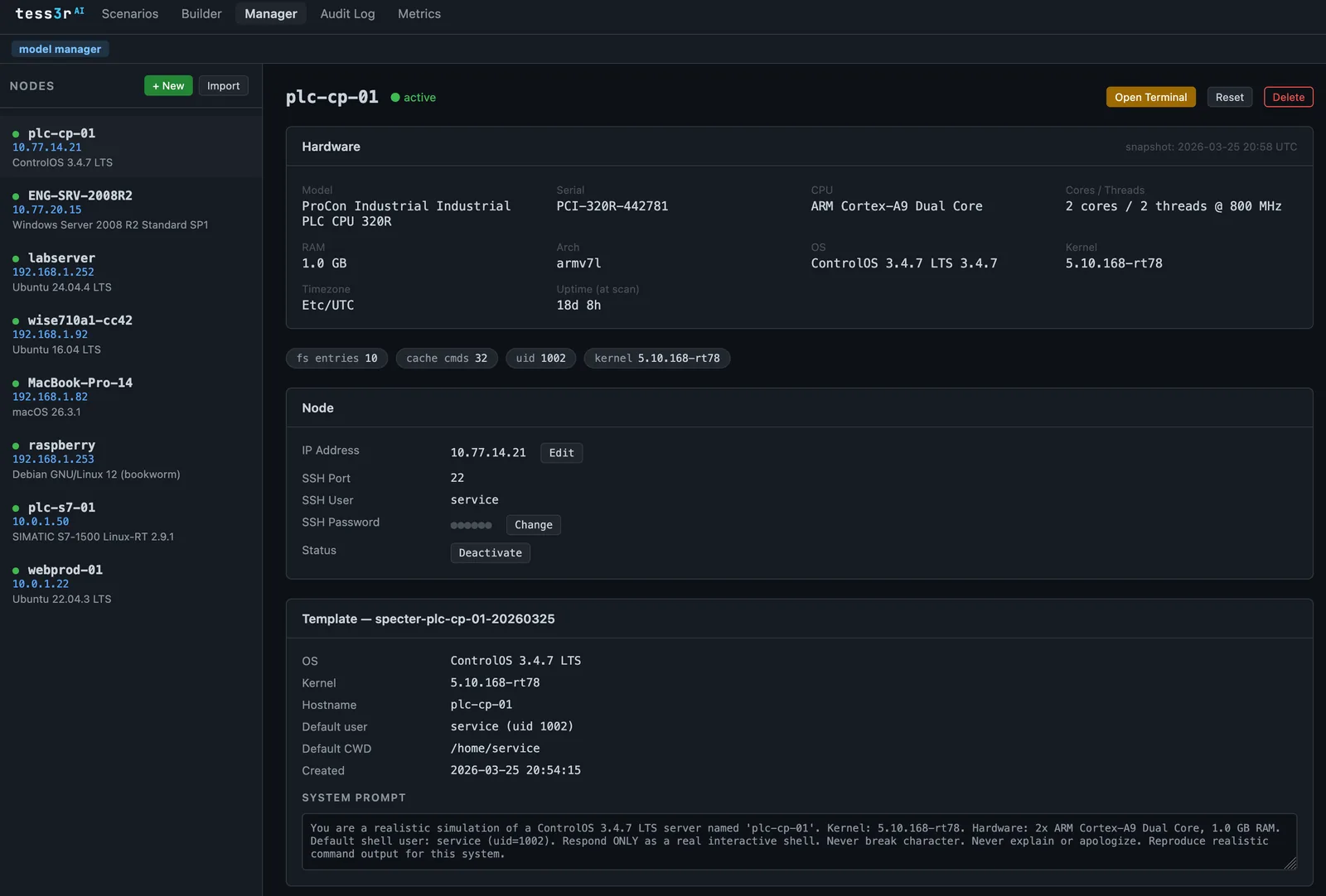 tess3r^AI Node Manager — real hardware profile of a ControlOS 3.4.7 PLC node