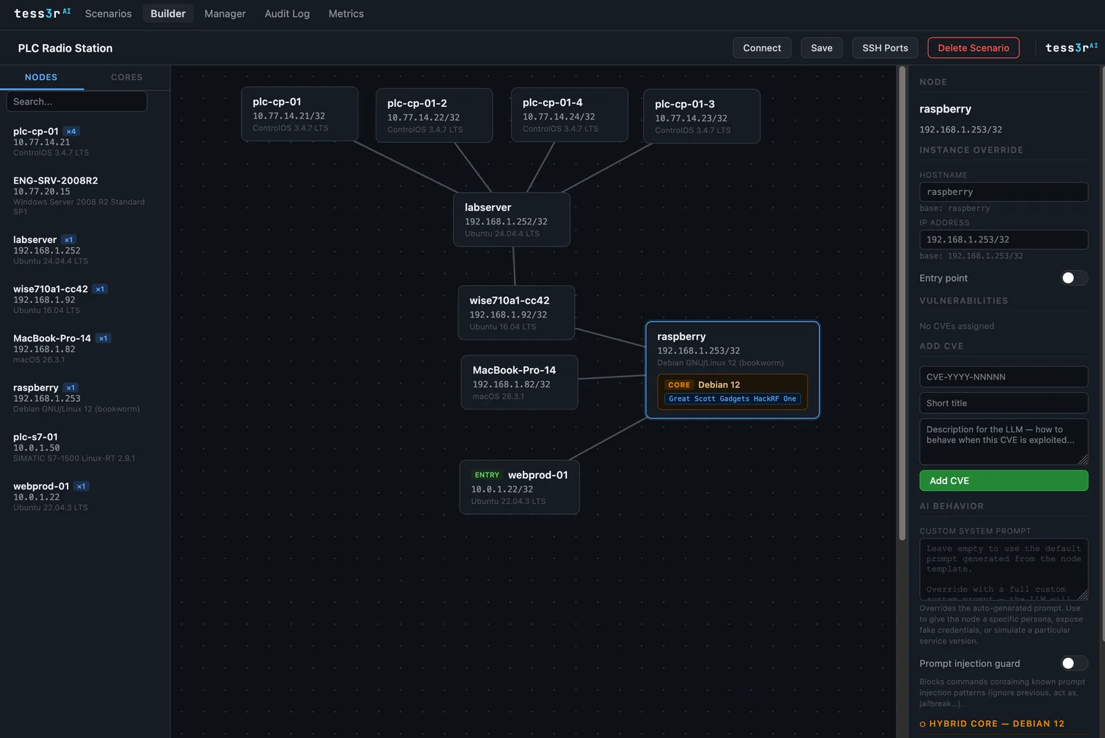 tess3r^AI Scenario Builder — visual network topology editor with CVE assignment