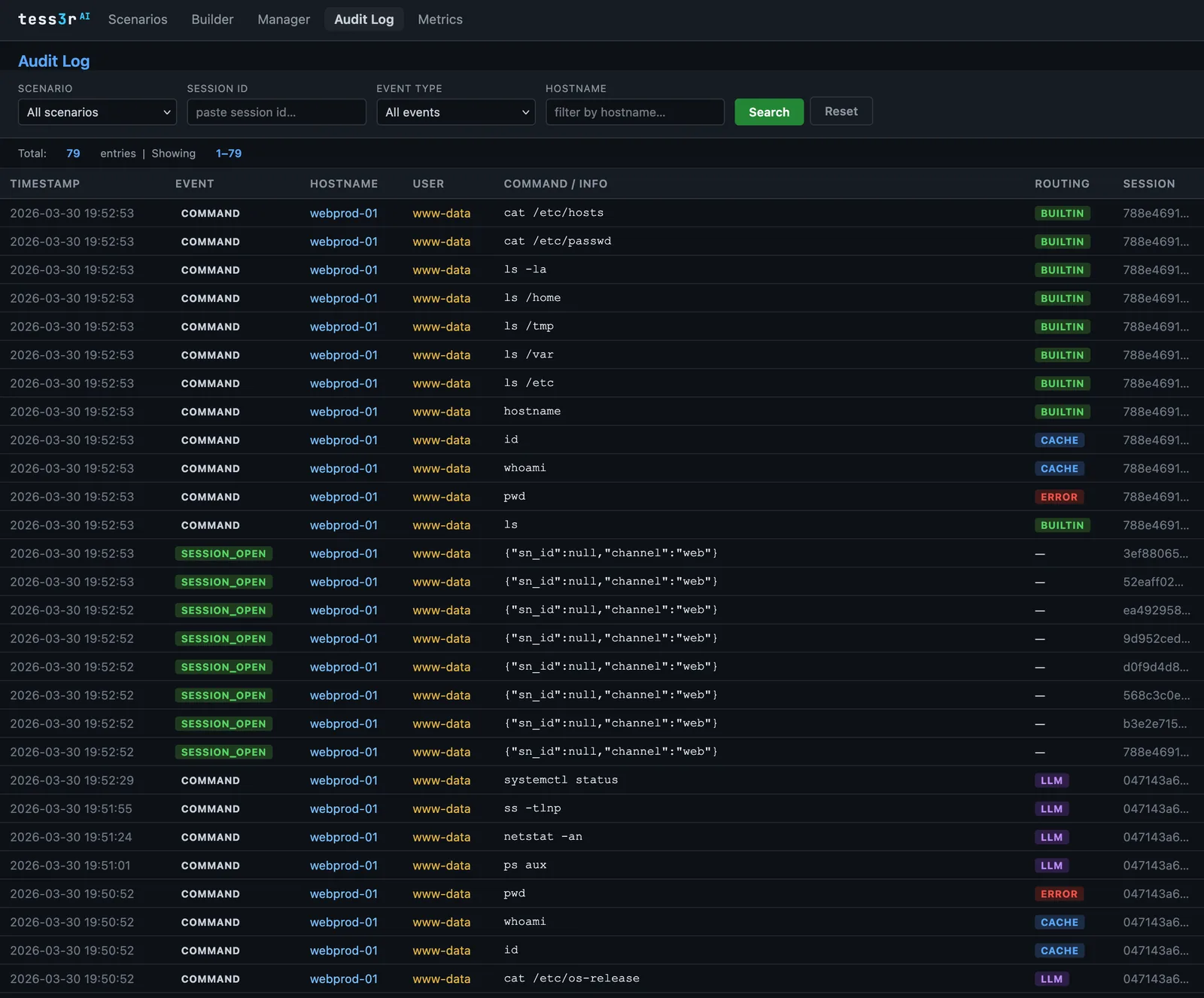 tess3r^AI Audit Log — full command history with routing badges and session replay