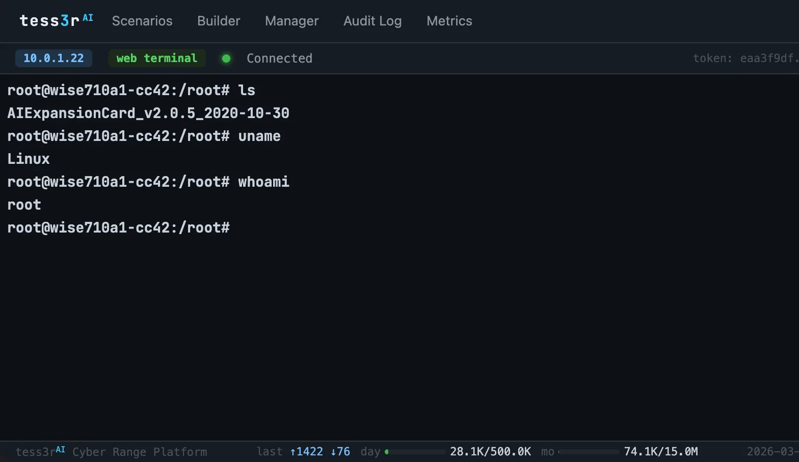 tess3r^AI Web Terminal — interactive root shell on simulated wise710a1-cc42 node